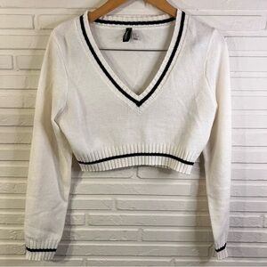 H&M White and Black Cropped Academia Long Sleeve Sweater, Women’s Size Medium